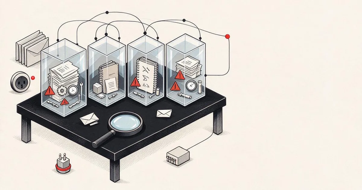 چهار جعبه شیشهای شفاف حاوی اسناد و برچسبهای اطلاعاتی گوناگون در کنار یک ذرهبین مهندسی
